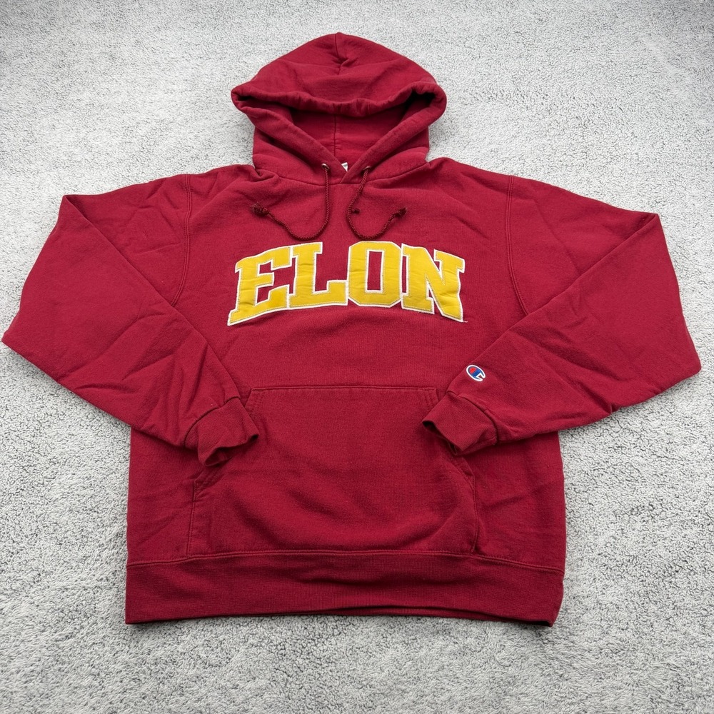 Elon University Sweatshirt Mens Small Red Gold Fleece Spellout Hoodie Champion